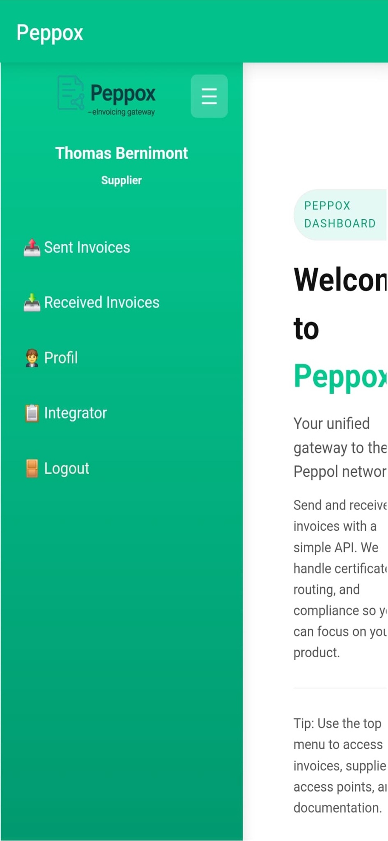 Side menu with sent/received, profile and integrator