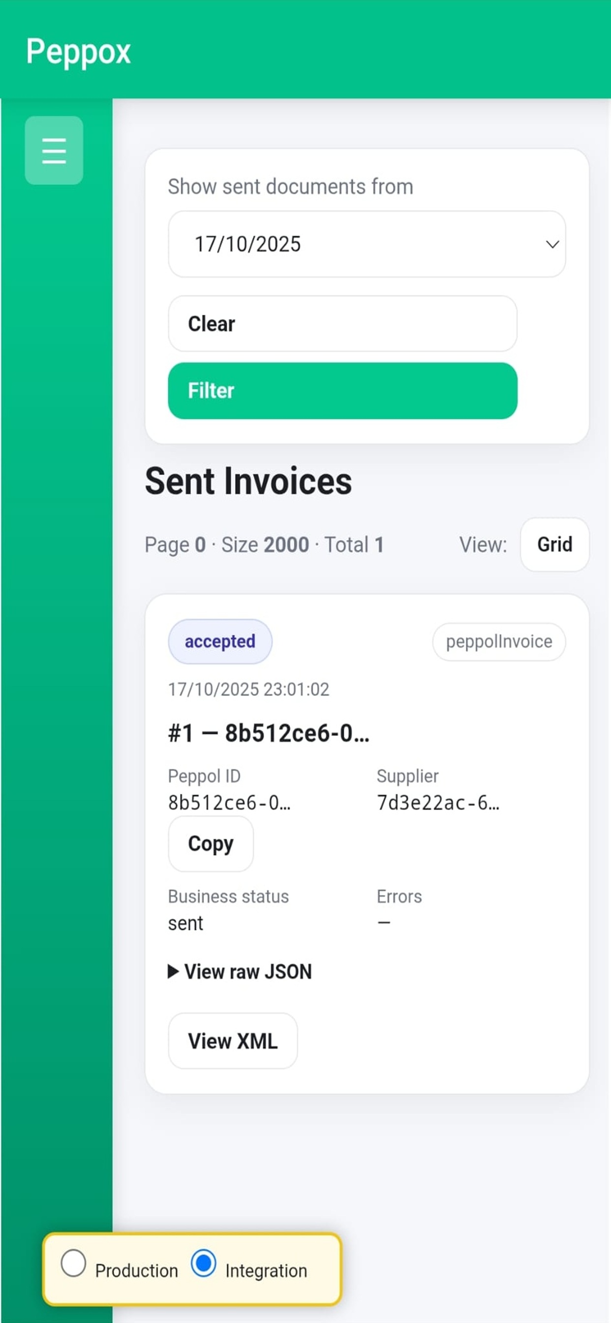 Sent invoices with status badges and actions