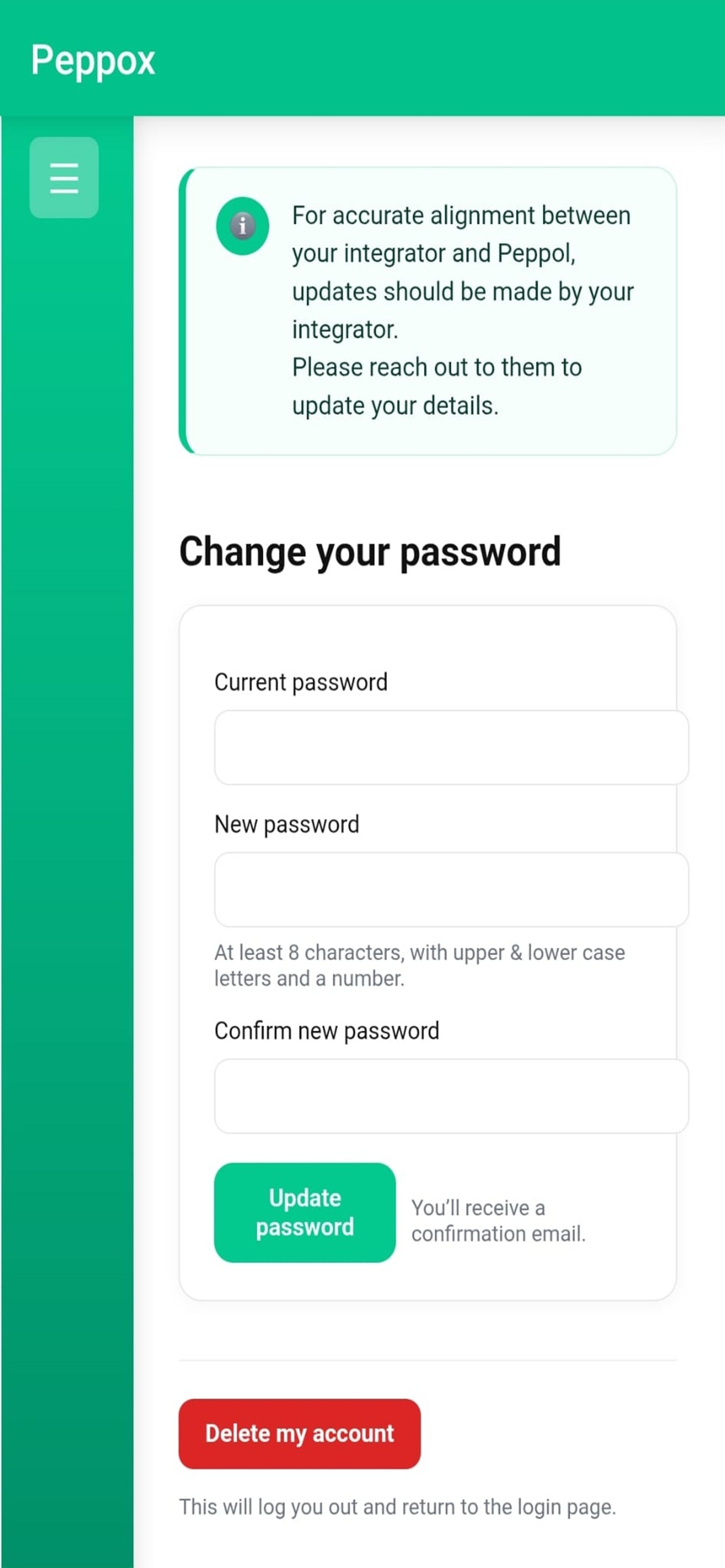 Password change screen with integrator notice