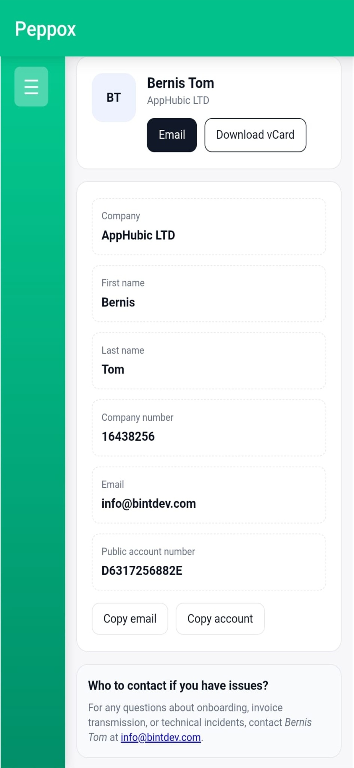 Profile screen with company details and contact options